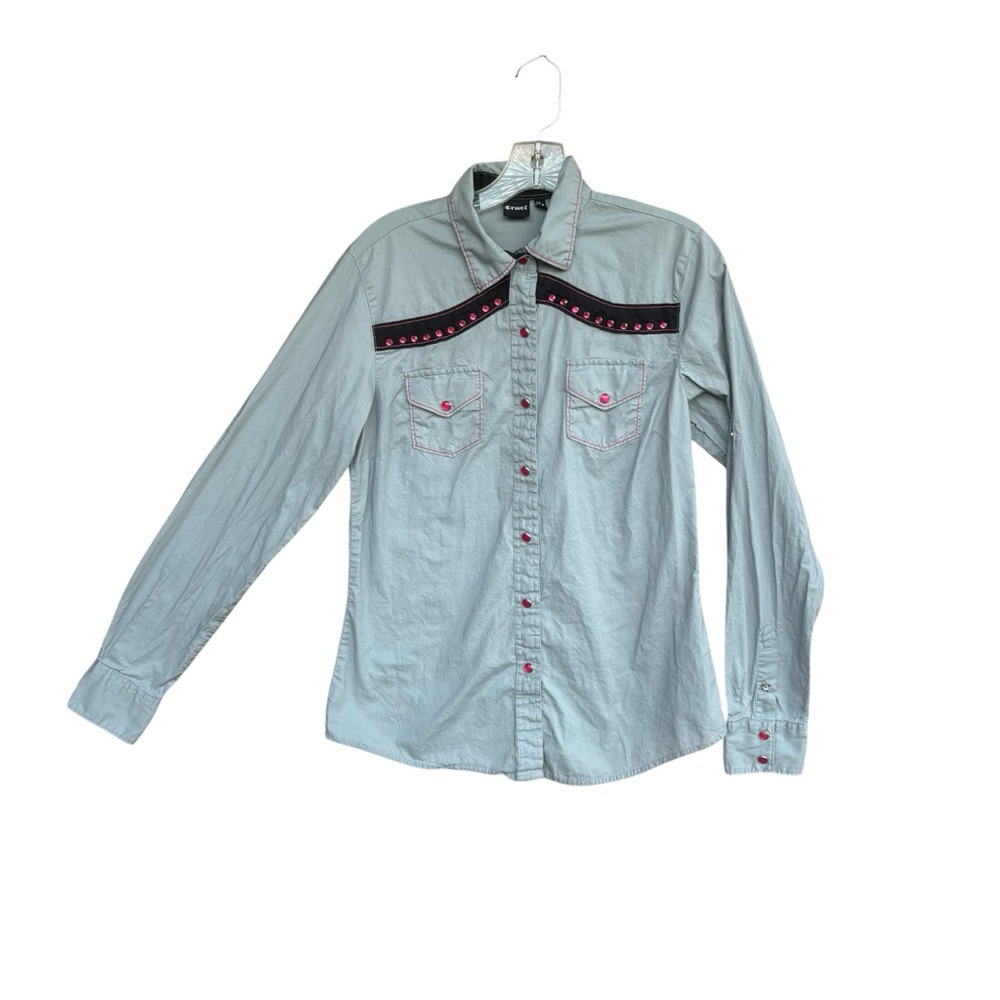 Cruel Girl Gray Pearl Snap Logo Shirt Women's Western Riding Rodeo Size Medium M